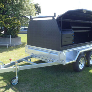 BLACK ALLOY TRADE TOP with Drawers and Shelving on 8x5 Braked HEAVY DUTY TANDEM TRAILER
